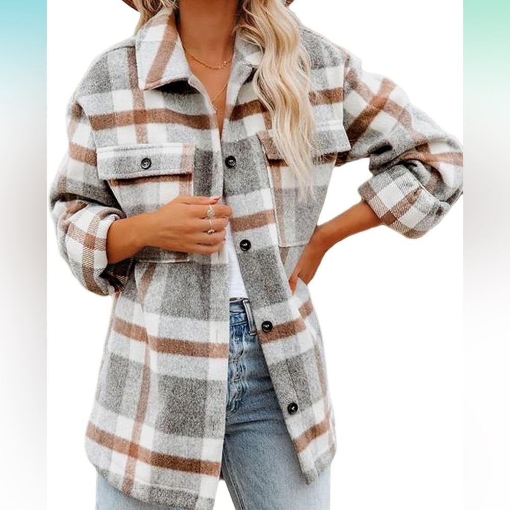 Gray and khaki flannel plaid Shacket